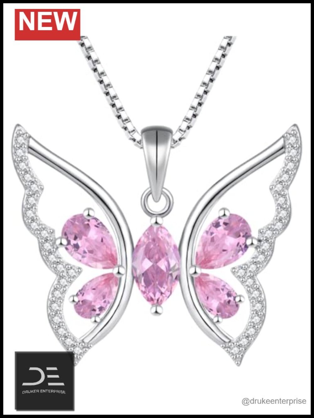 925 Sterling Silver Butterfly Pendant Necklace Pink Tourmaline Birthstone